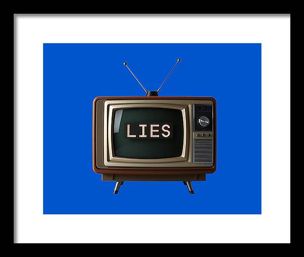 Framed print: blue TV graphic reading LIES, black frame with white mat