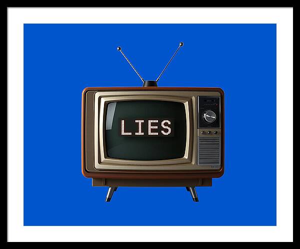 Framed print showing a retro TV set with two antennas and the word "LIES".
