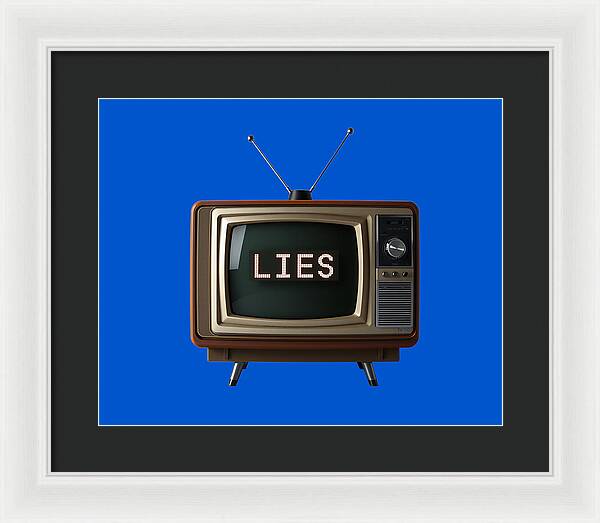 Framed print of vintage TV with 'LIES' text on blue; light frame and dark mat
