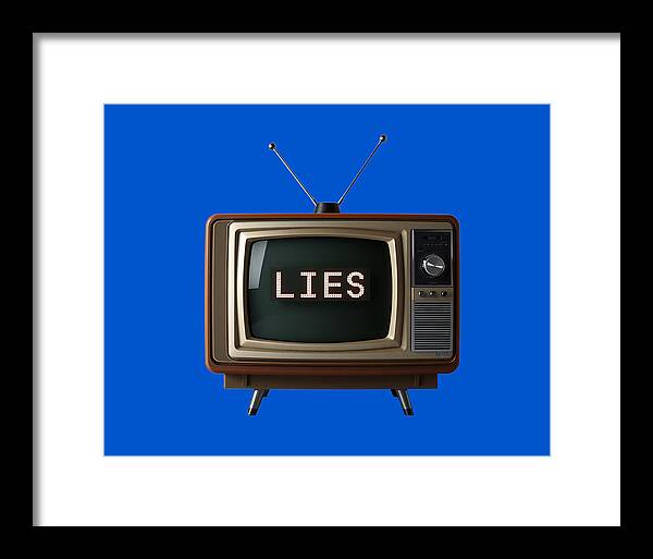Framed television wall art with black frame; brown TV set shows “LIES” on blue background