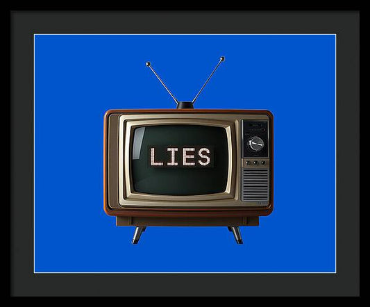 Framed print featuring a vintage TV with two antennas and the word "LIES".
