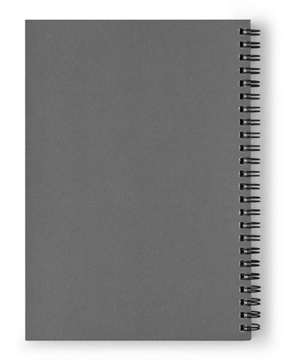 Spiral notebook back cover in gray with black spiral binding along the side