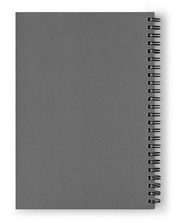 Spiral notebook back cover in dark gray with black spiral binding