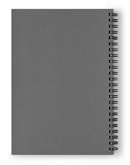 Spiral notebook back cover in dark gray with black spiral binding