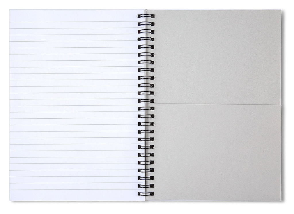 Spiral notebook opened flat, with lined pages and gray back cover
