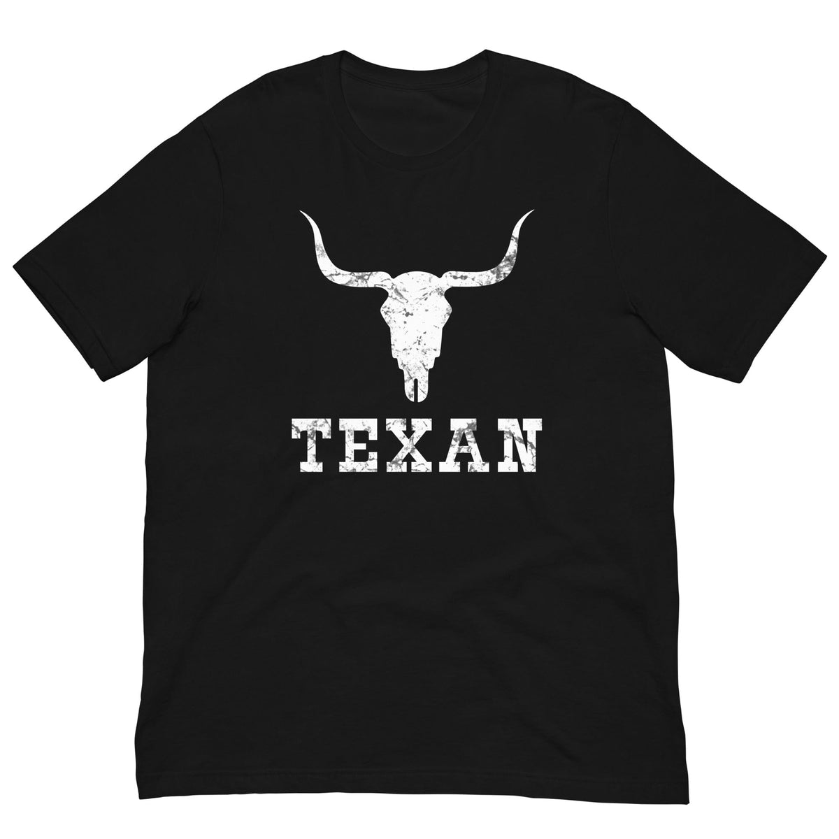 Black T-shirt with white bull skull and TEXAN front graphic