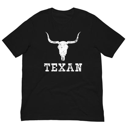 Black T-shirt with white bull skull and TEXAN front graphic