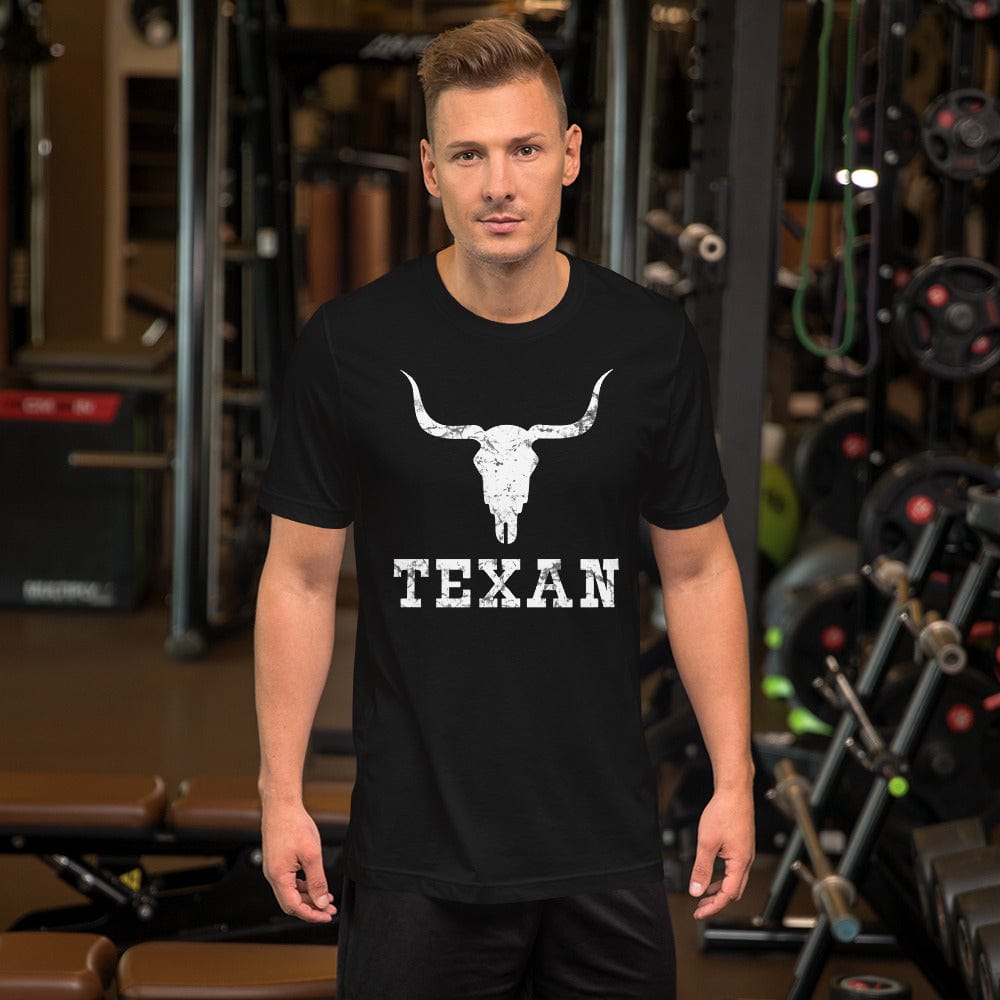 Black T-shirt with white bull skull and TEXAN front print