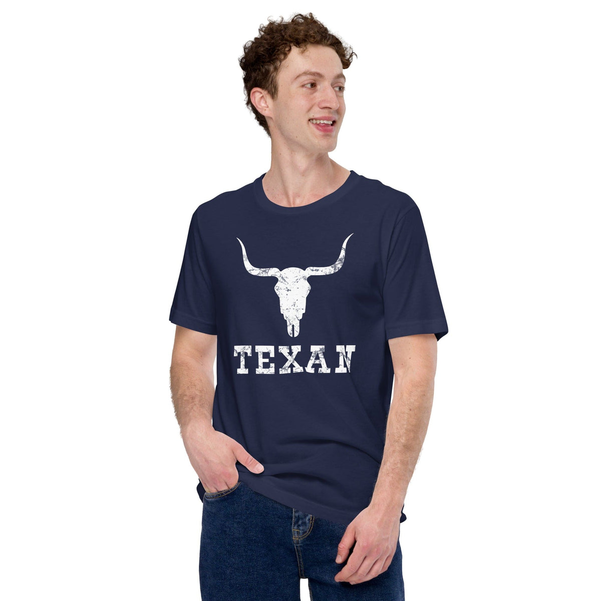 Navy T-shirt with white bull skull and TEXAN front print