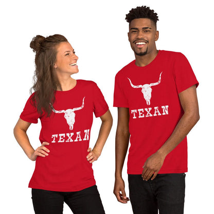 Red T-shirt with white bull skull and TEXAN front graphic