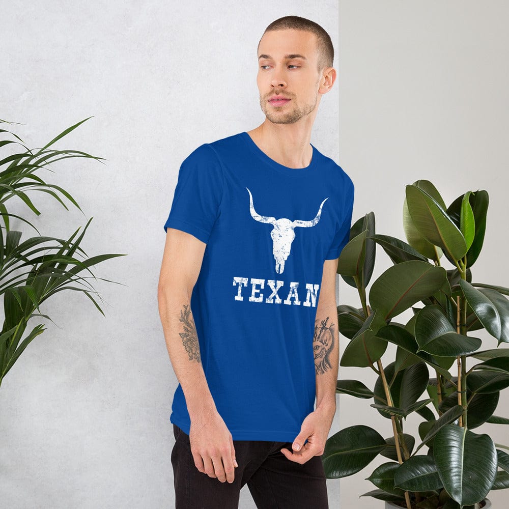 Blue T-shirt with white bull skull and TEXAN front print