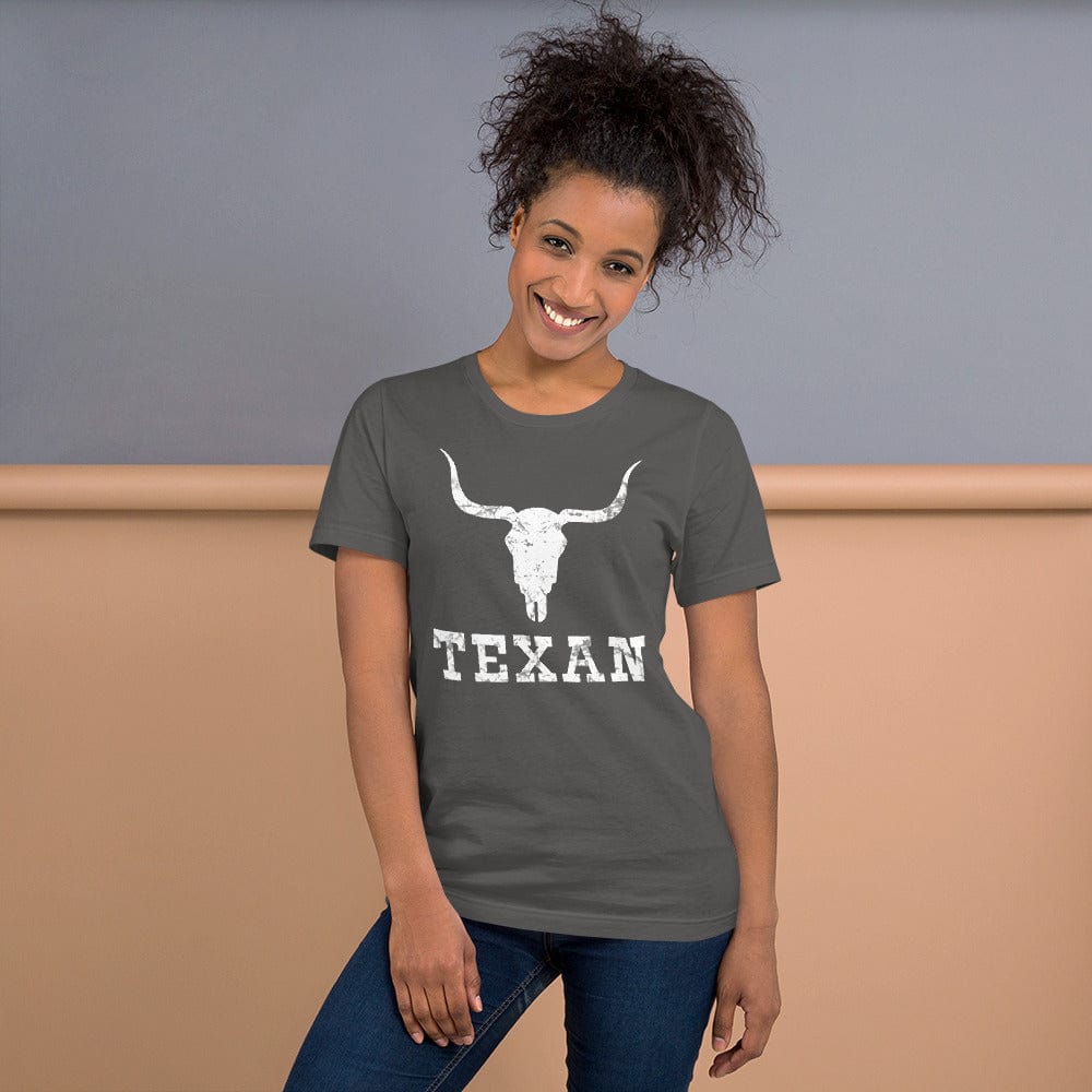 Gray T-shirt with white bull skull and TEXAN front print