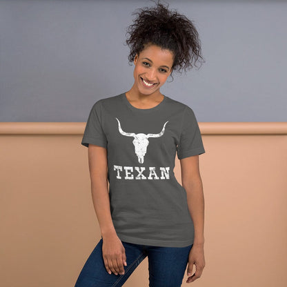 Gray T-shirt with white bull skull and TEXAN front print