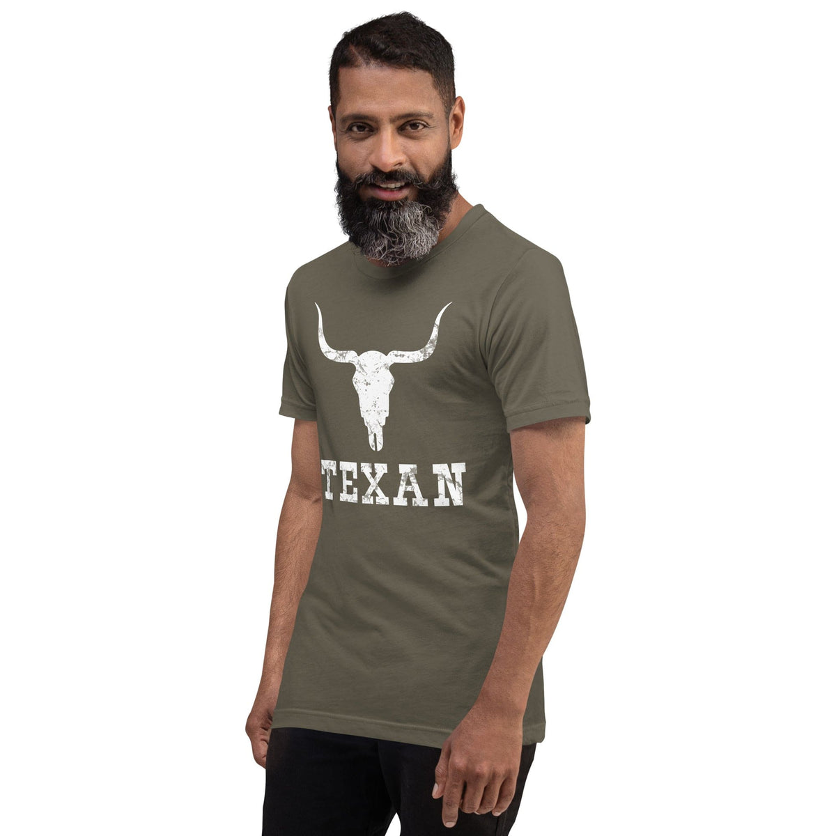 Olive T-shirt with white bull skull and TEXAN front print