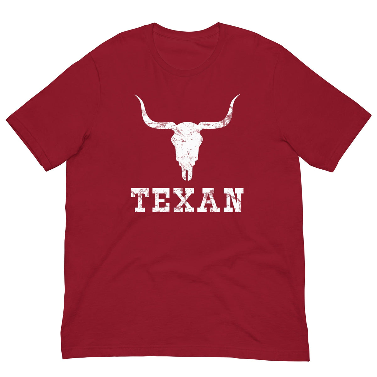 Dark red T-shirt with bull skull graphic and TEXAN lettering on front