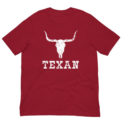 Dark red T-shirt with bull skull graphic and TEXAN lettering on front