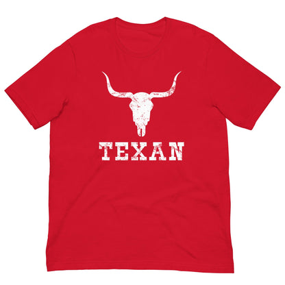 Red T-shirt with bull skull graphic and TEXAN lettering on front
