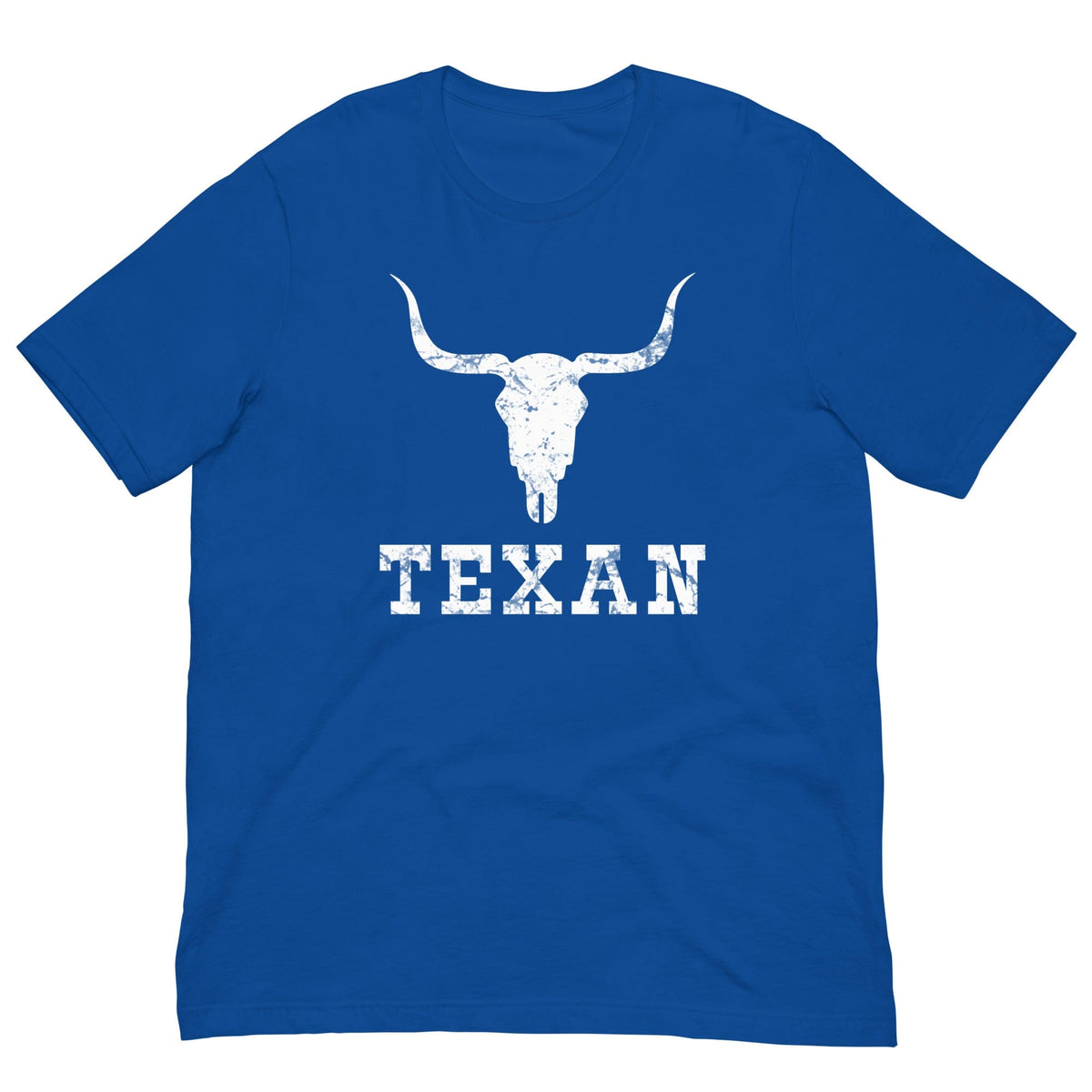 Blue T-shirt with bull skull graphic and TEXAN lettering on front
