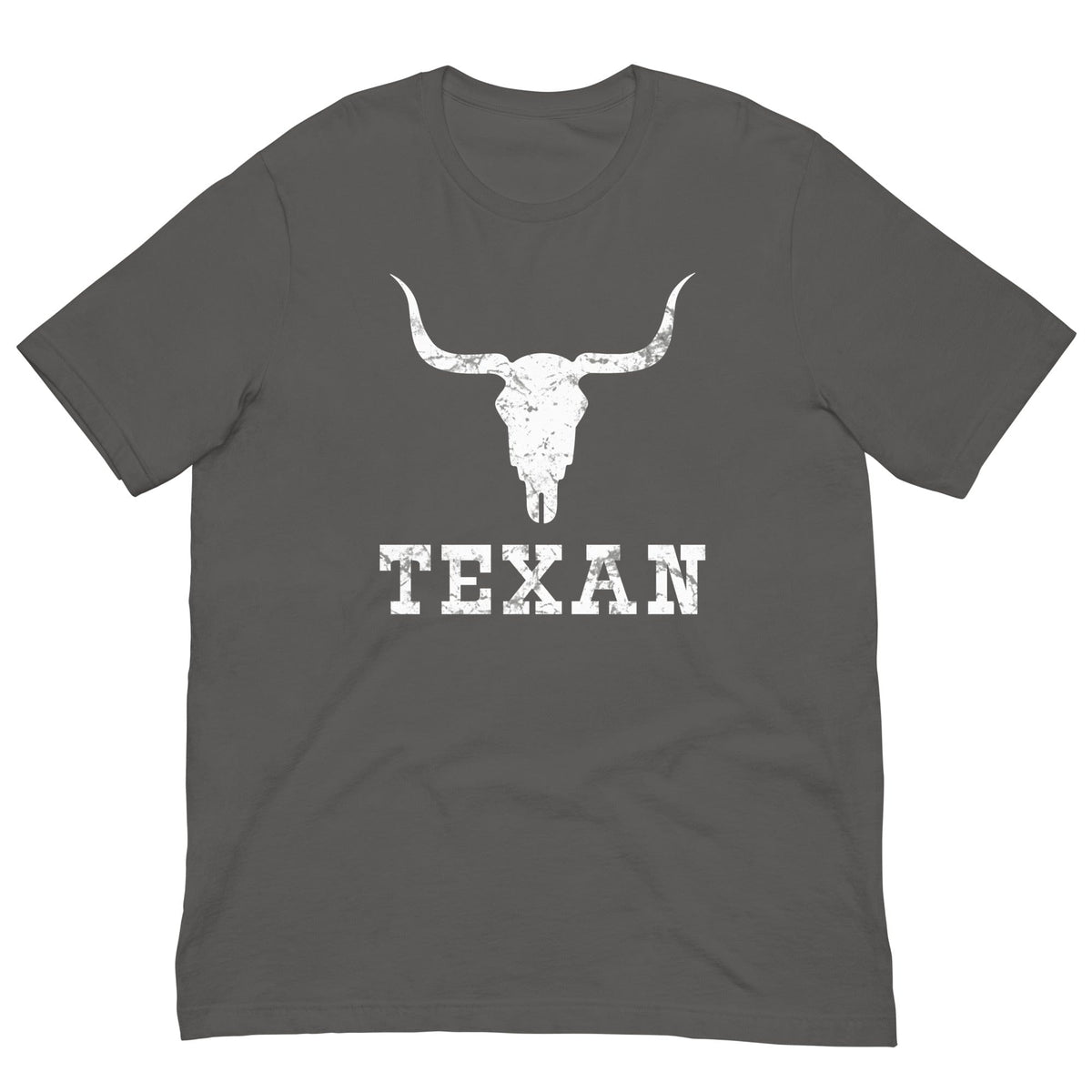 Gray T-shirt with bull skull graphic and TEXAN lettering on front