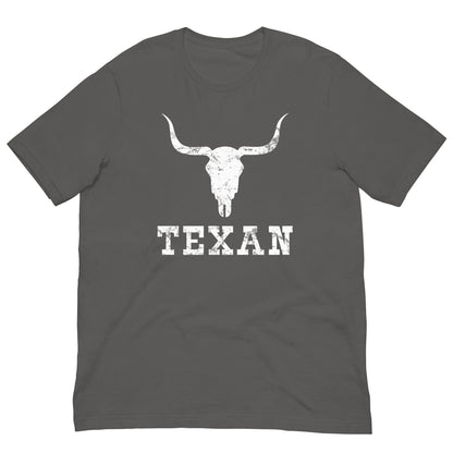 Gray T-shirt with bull skull graphic and TEXAN lettering on front