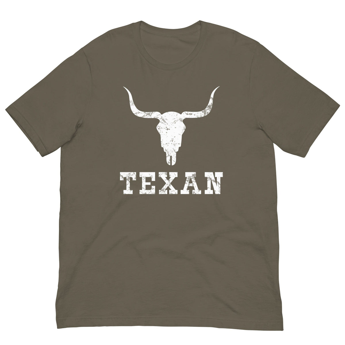 Olive T-shirt with bull skull graphic and TEXAN lettering on front