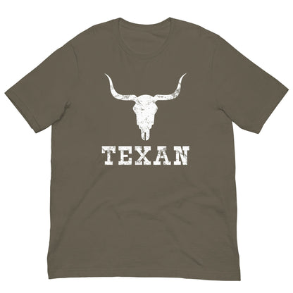 Olive T-shirt with bull skull graphic and TEXAN lettering on front