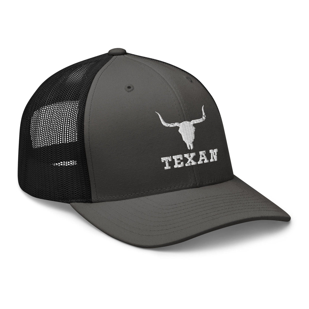 Dark gray and black trucker hat with white longhorn outline and “TEXAN”