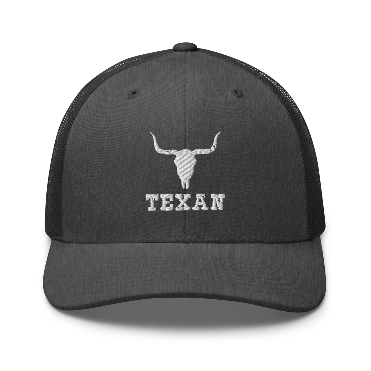 Charcoal black trucker hat with white longhorn outline and “TEXAN” front logo