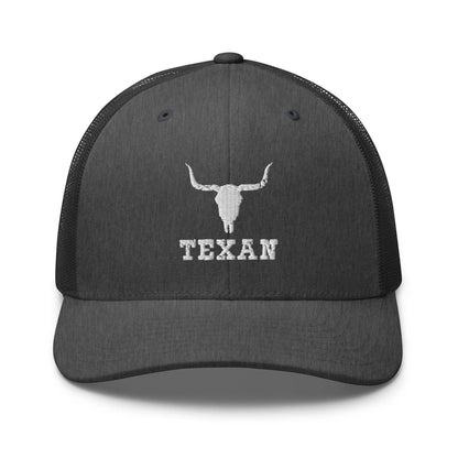 Charcoal black trucker hat with white longhorn outline and “TEXAN” front logo