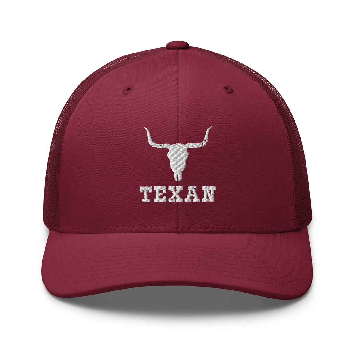 Burgundy trucker hat with white bull and "TEXAN" front embroidery