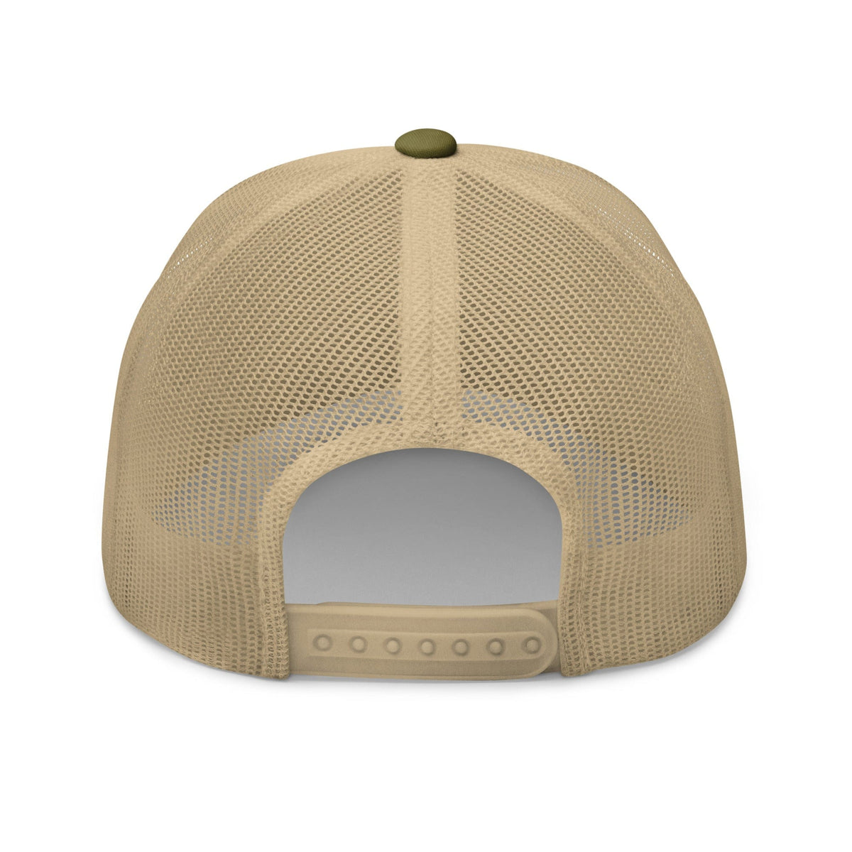 Tan mesh trucker hat with solid top and back strap closure