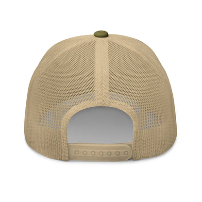 Tan mesh trucker hat with solid top and back strap closure