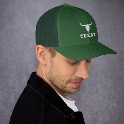 Green trucker hat with white longhorn outline and “TEXAN” front logo