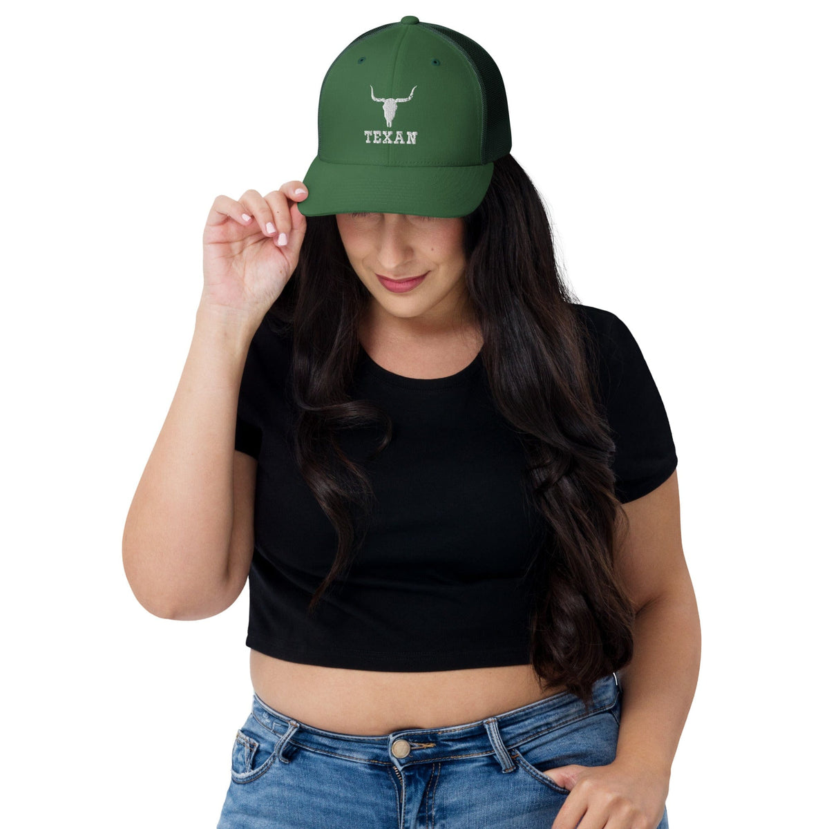 Green trucker hat with bull outline and TEXAN logo on front