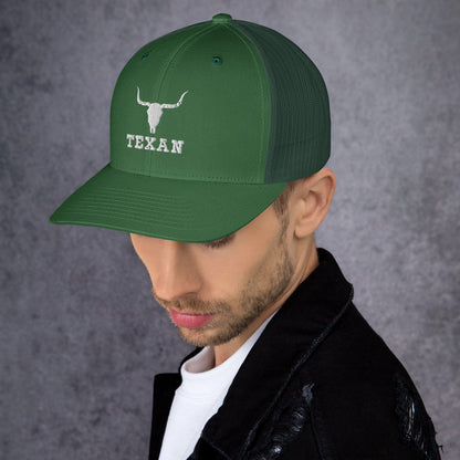 Green trucker hat with white longhorn outline and “TEXAN” front patch