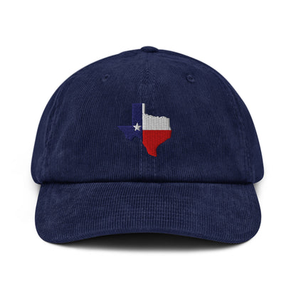 Navy corduroy baseball cap with embroidered Texas map and star patch on front