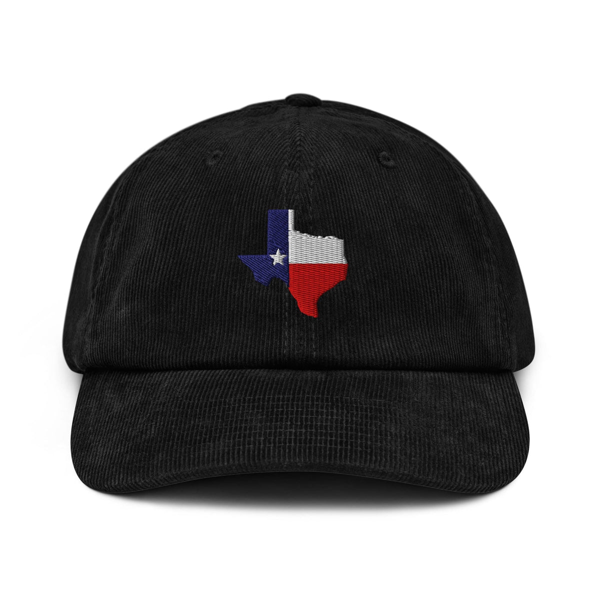Black corduroy baseball cap with embroidered Texas map patch front center.