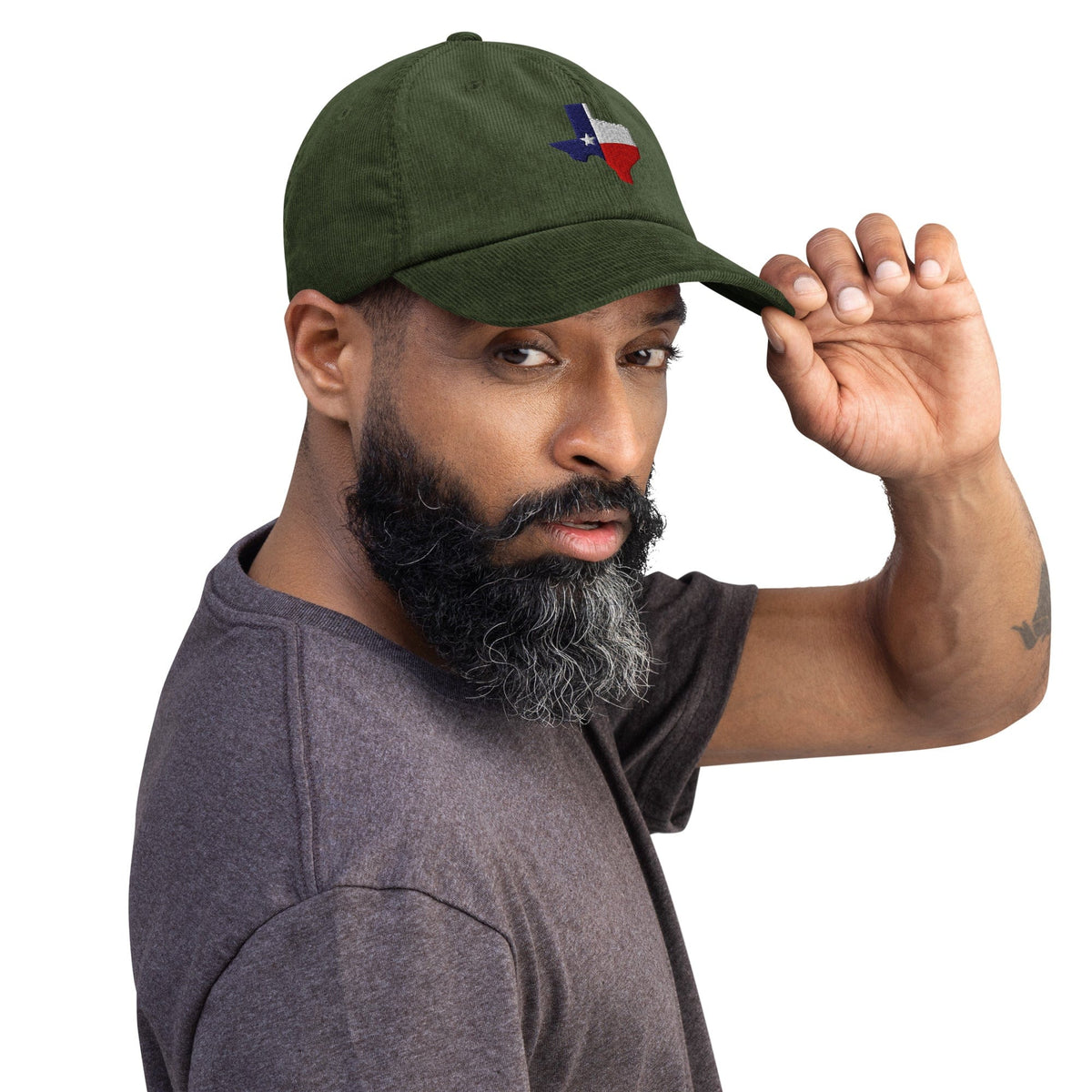 Dark olive corduroy baseball cap with embroidered Texas map patch on the front