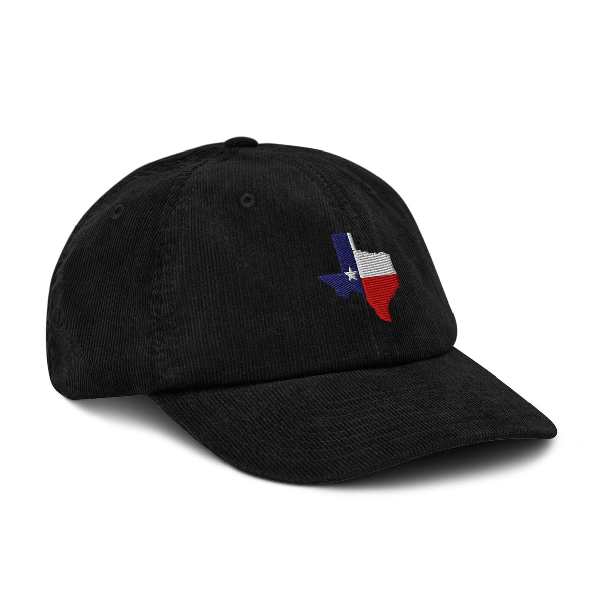 Black corduroy baseball cap with embroidered Texas map patch, side-front view.