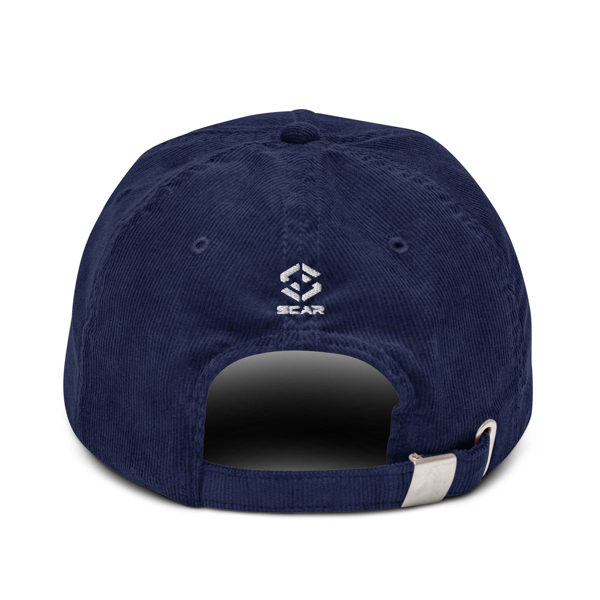 Navy corduroy baseball cap back view with SCAR logo and adjustable strap