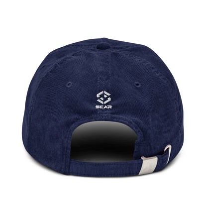Navy corduroy baseball cap back view with SCAR logo and adjustable strap