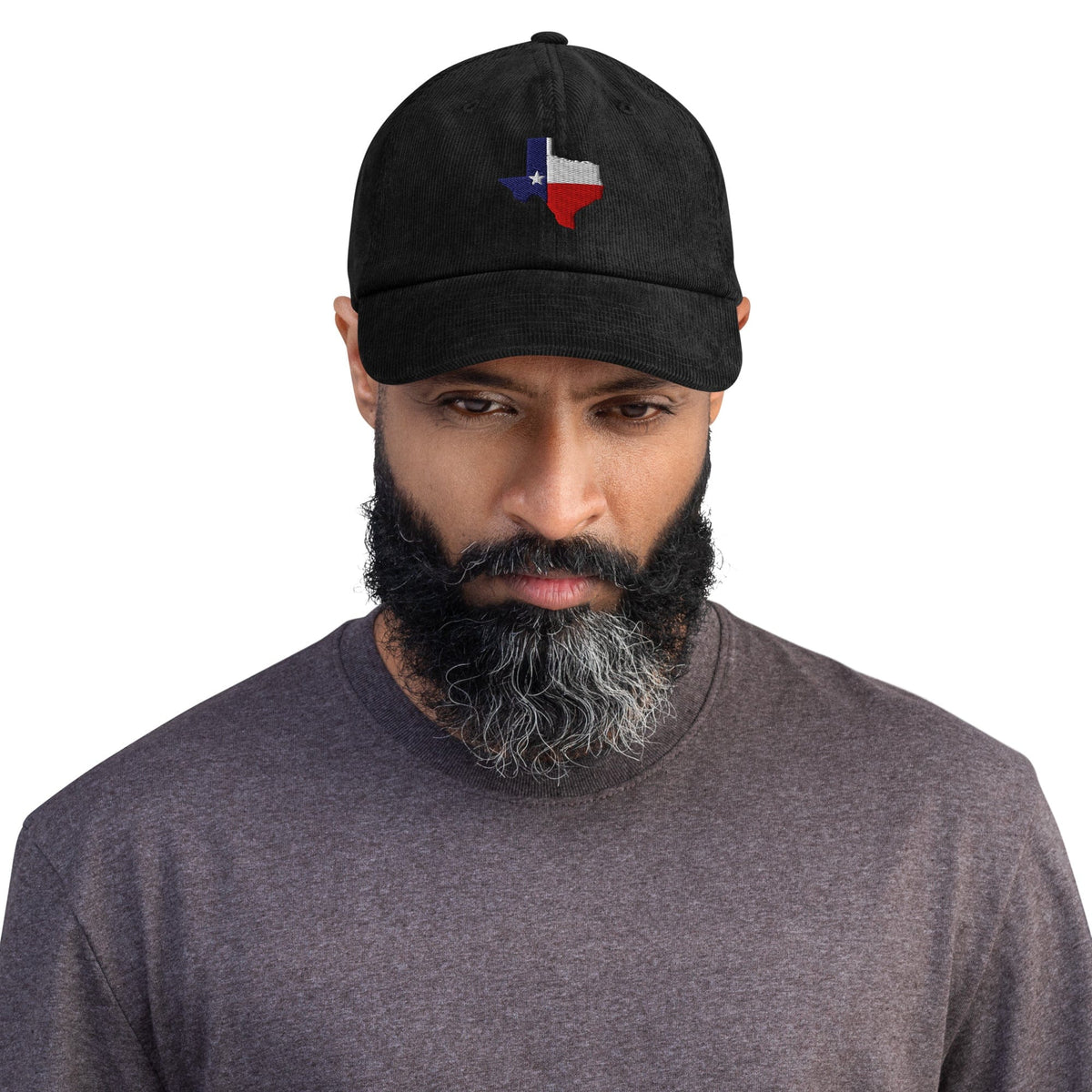 Black corduroy baseball cap with embroidered Texas map patch on the front