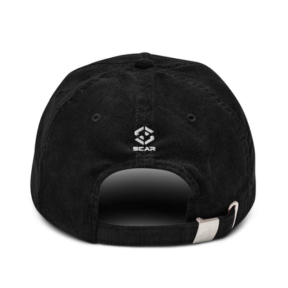 Black corduroy baseball cap back with SCAR logo embroidery.