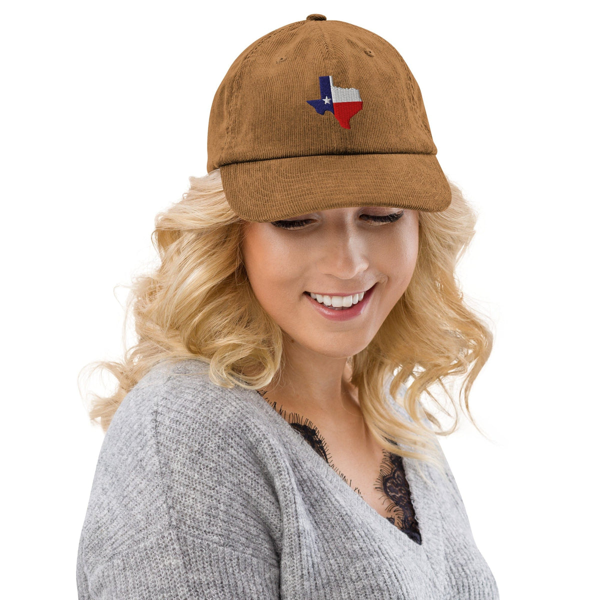 Camel corduroy baseball cap with embroidered Texas map and star patch