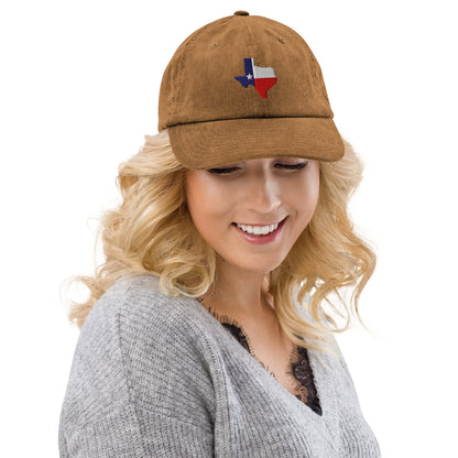 Camel corduroy baseball cap with embroidered Texas map and star patch