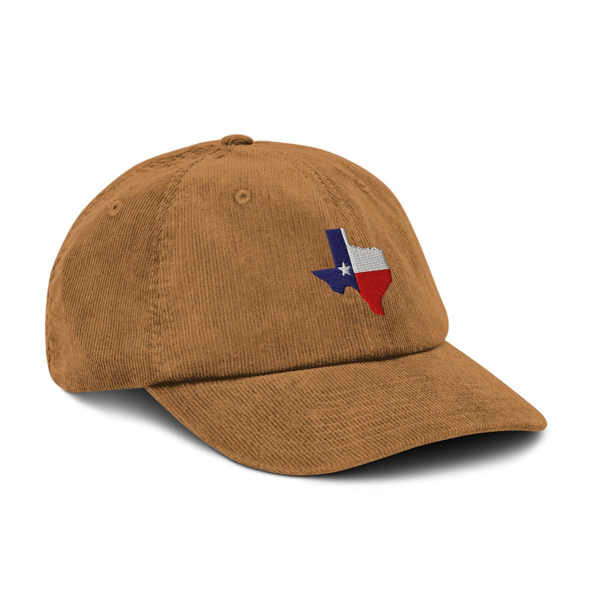 Camel corduroy baseball cap with embroidered Texas map patch on the front