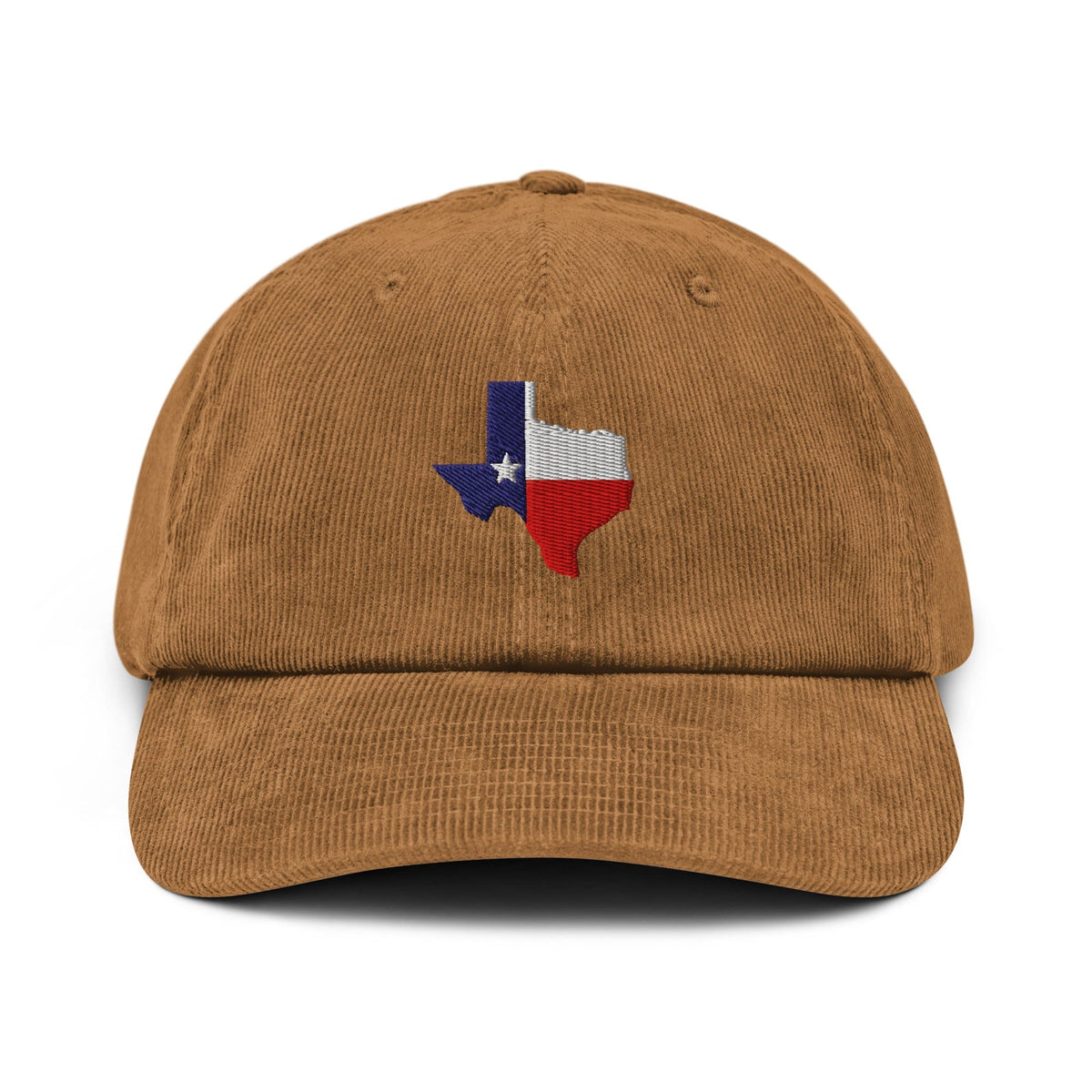 Camel corduroy baseball cap with embroidered Texas map and star patch on front