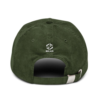 Dark olive corduroy baseball cap back view with SCAR logo and adjustable strap
