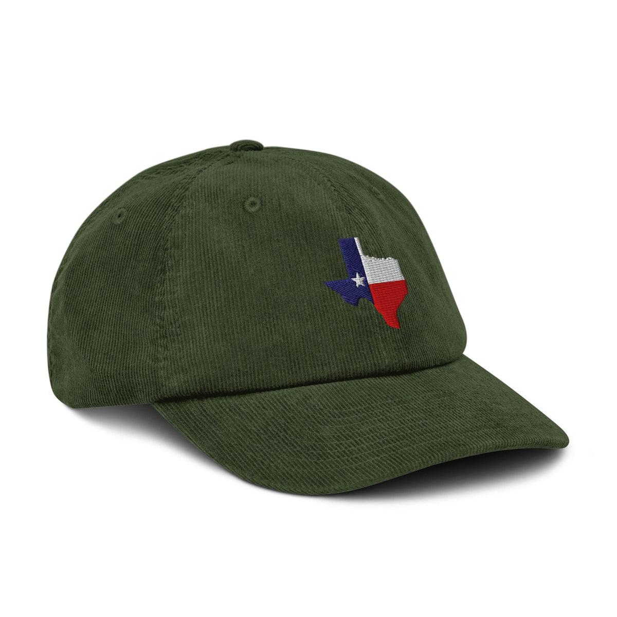 Dark olive corduroy baseball cap with embroidered Texas map and star patch on front