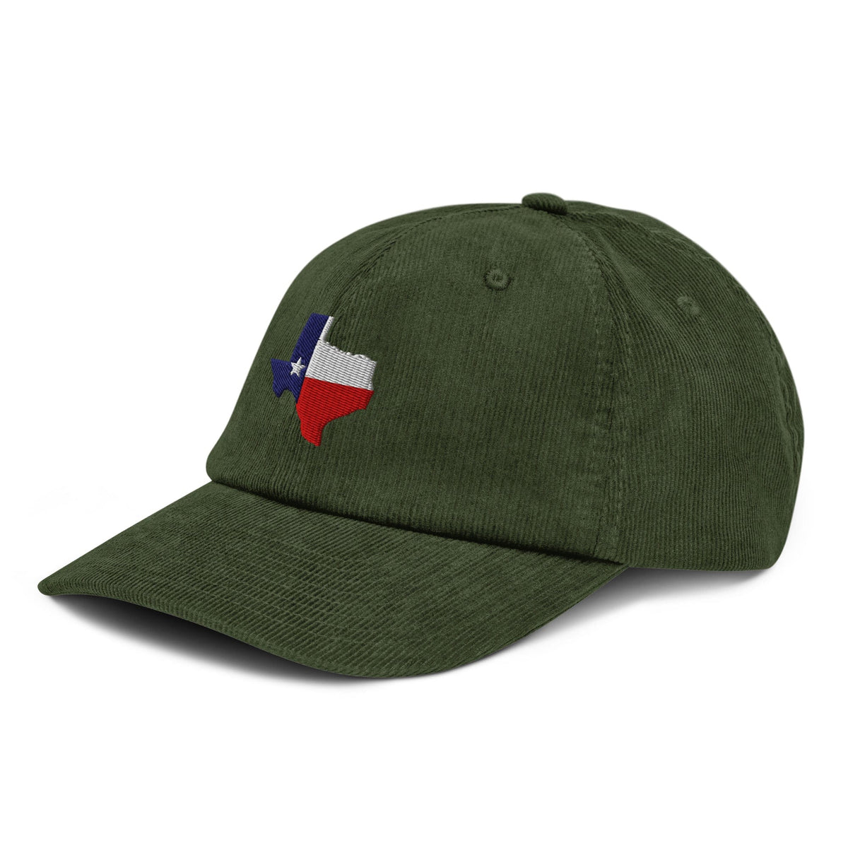 Dark olive corduroy baseball cap with embroidered Texas map and star on side